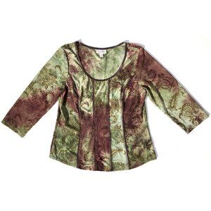Flocked Paisley Print Top Women Size L green brown Boho Corset Whimsigoth Goth